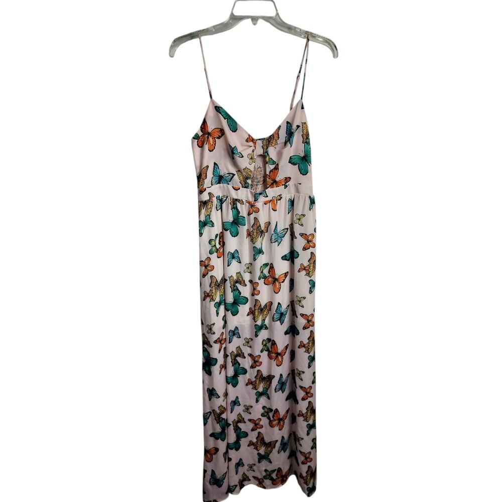 5557) Altar'd State Monarch Butterflies Pink M Cut Out Front Maxi Summer Dress